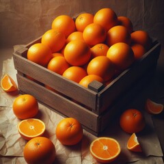 Rustic Wooden Crate Filled with Fresh Oranges on ia ia generated. Vintage Paper Background

