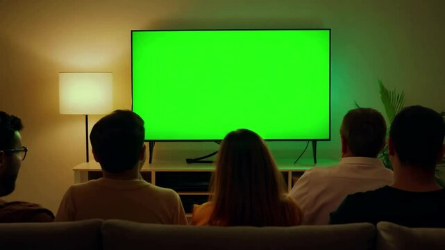 Family watch modern tv with green screen in living room on the sofa. Generative AI