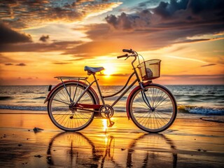 Obraz premium Vintage Bicycle with Bokeh Effect at Sunset Beach - Perfect for Nostalgic Themes