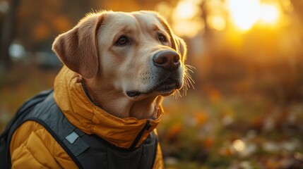 A dog is wearing a yellow jacket and looking at the camera