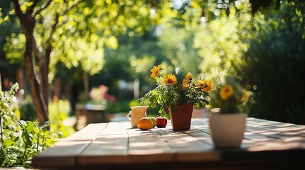 Sunlit Garden with Fresh Flowers and Fruits