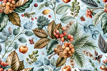 Obraz premium Vintage Botanical Autumn Pattern - Hand Drawn Floral Design with Berries, Leaves, and Branches in Brown Tones