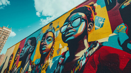large mural on a city wall painted during Black Awareness Day, featuring important figures in African and diaspora history, bright colors and symbols of strength and unity, Ai generated images