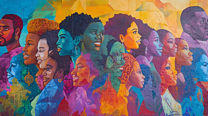 large mural on a city wall painted during Black Awareness Day, featuring important figures in African and diaspora history, bright colors and symbols of strength and unity, Ai generated images
