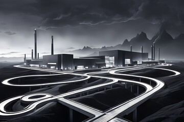 modern factory using clean lines and geometric forms in a monochromatic color palette