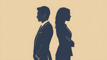 Silhouettes of a Man and Woman in Suits, Standing Back to Back