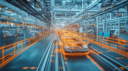 Automobile assembly line showcasing advanced technology in a factory