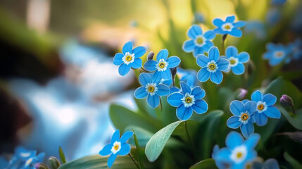 Beautiful blue forget-me-nots blooming in a vibrant garden during springtime