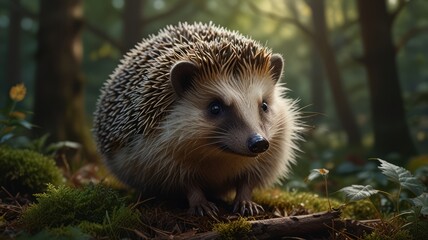 Fototapeta premium a hedgehog standing in a sun-dappled forest. Its spiny coat glistens in the warm light, and its small, beady eyes peer out from beneath its curled-up body.