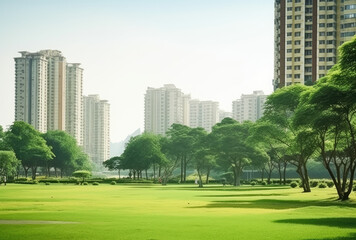 Serene Urban Park with Modern Skyscrapers