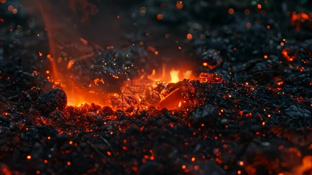 A close-up shot of embers glowing brightly in the darkness, with sparks flying up from the burning wood, Glowing embers illuminating the darkness
