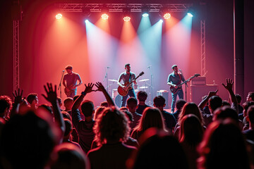 Rock band playing music and performing live on stage for their fans
