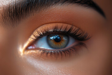 Obraz premium Close-up of a captivating eye showcasing stunning eyelashes and makeup details