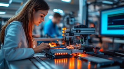 A photo of an innovative, high-tech device used for embedded system development in a lab setting with engineers working on it and computers nearby