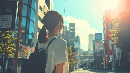 Fototapeta premium A woman stands in a vibrant city street during a bright afternoon