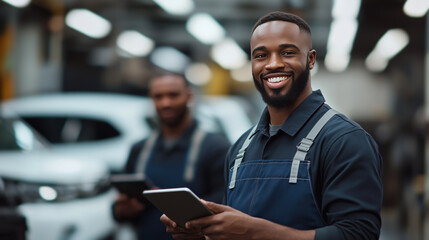 Fototapeta premium A smiling black mechanic in dark blue overalls stands holding an tablet and looking at the camera.