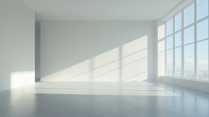 Obraz premium Bright, modern empty room with large windows and sunlight streaming in