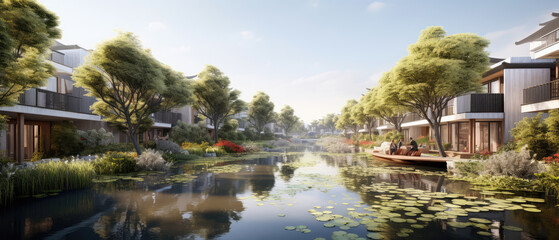 Obraz premium Serene Modern Lakeside Residences