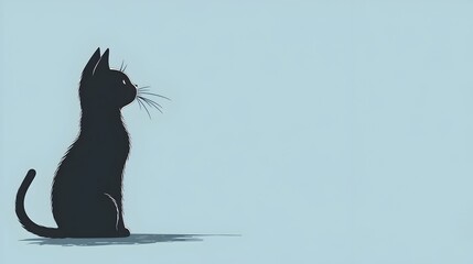 Obraz premium Silhouetted Cat Curled in Japanese Anime Style on Serene Light Blue Background