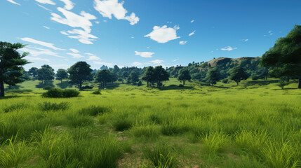 Fototapeta premium Serene Green Meadow Under Blue Sky