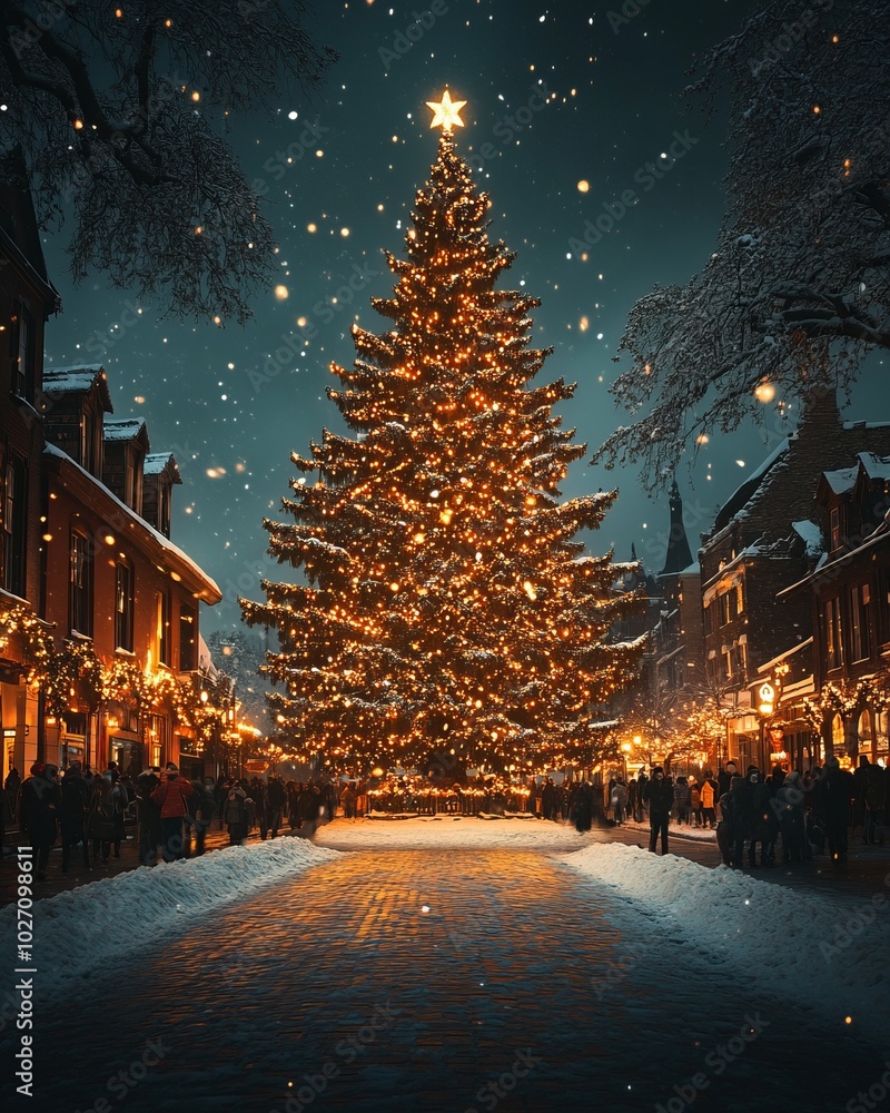 Sticker A large, illuminated Christmas tree stands tall in a snowy town square, surrounded by people enjoying the festive atmosphere.