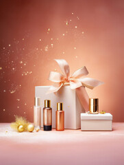 Elegant cosmetic bottles and gift boxes with a satin ribbon are displayed against a soft, sparkling background, symbolizing luxury gifting