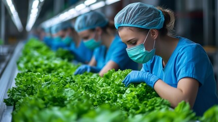 Female workers in blue uniforms and masks clean lettuce at the factory