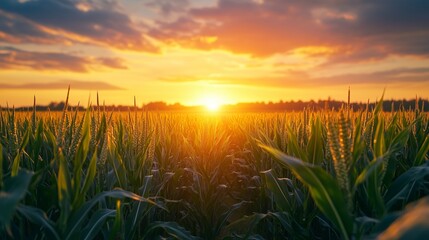 Fototapeta premium photograph of corn field with sun rising in the background