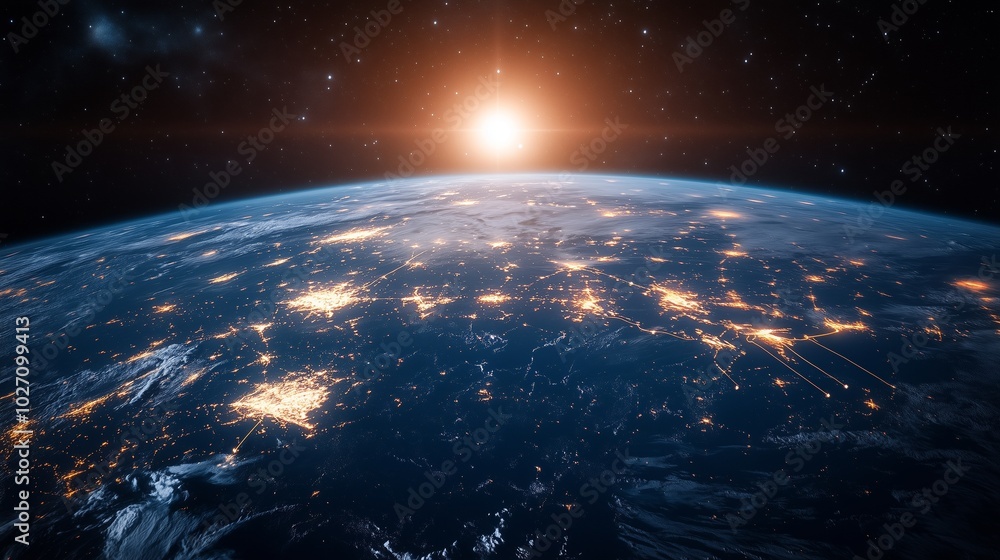 Poster the earth seen from space with glowing city lights on it and network connections connecting the worl