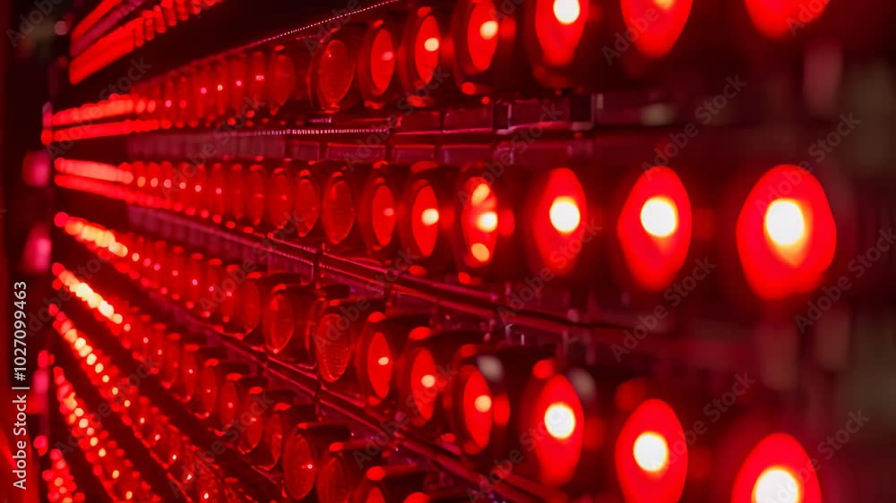 Poster rows of red leds glow brightly, indicating active servers and network activity within a data center,