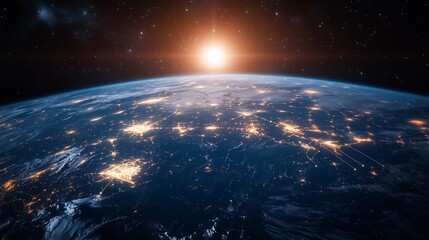 Obraz premium The earth seen from space with glowing city lights on it and network connections connecting the world, representing global connectivity and data transfer between cities across different time zones