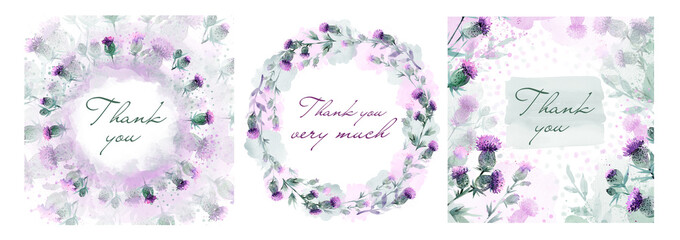 A set of cards with a flower circle and gratitude. Thank you in the circle with pink flowers. Thank you card with botanical illustration, background