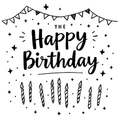 Happy Birthday text and design in doodle style in black and white, Whimsical black "Happy Birthday" typography with doodle-style black candles, stars, and banners, isolated on a crisp white background