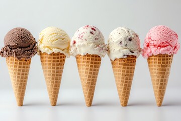 Five scoops of ice cream in waffle cones, arranged in a row on a white background.
