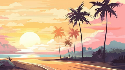 Tropical Sunset Over Coastal Road