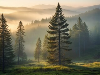 Lush Pine Trees in Foggy Mountain Landscape 