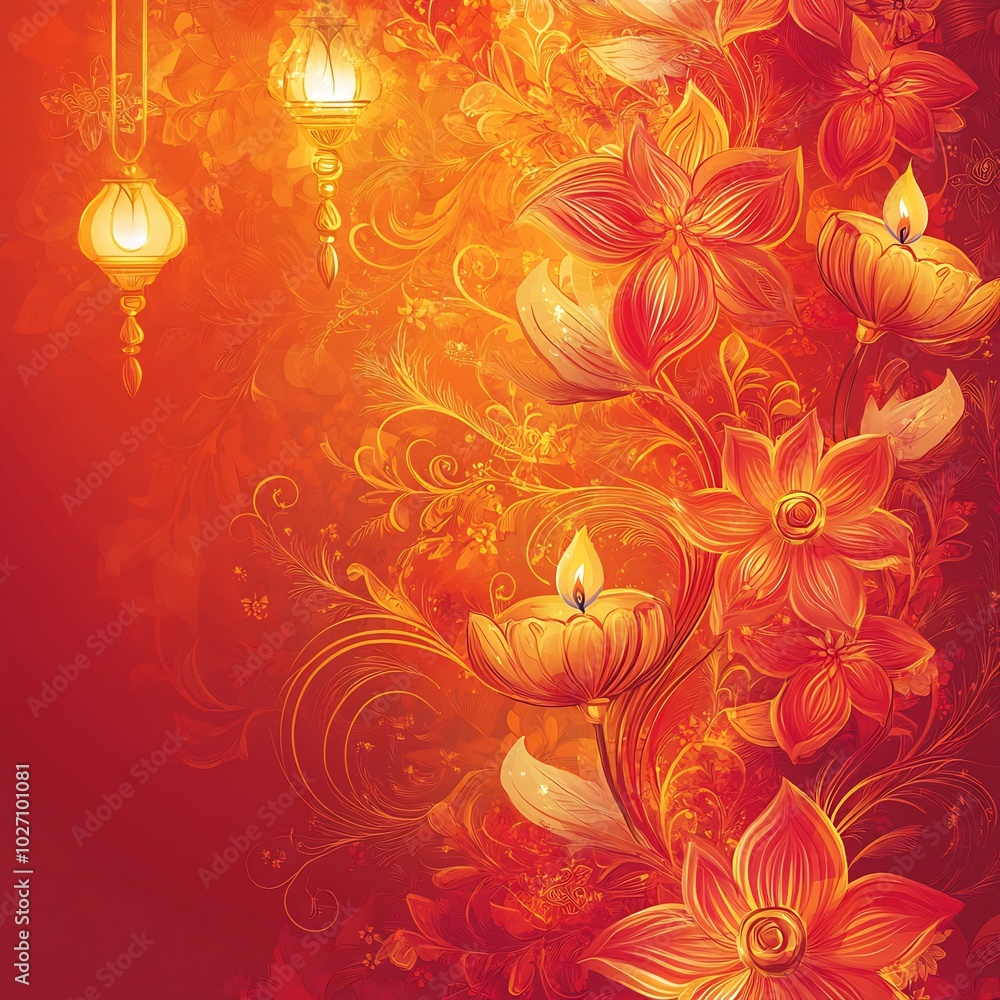 Poster Festive Diwalithemed design with swirling floral patterns in bright reds and oranges accented with golden diyas and lanterns The top portion is left open for placing a Diwali message