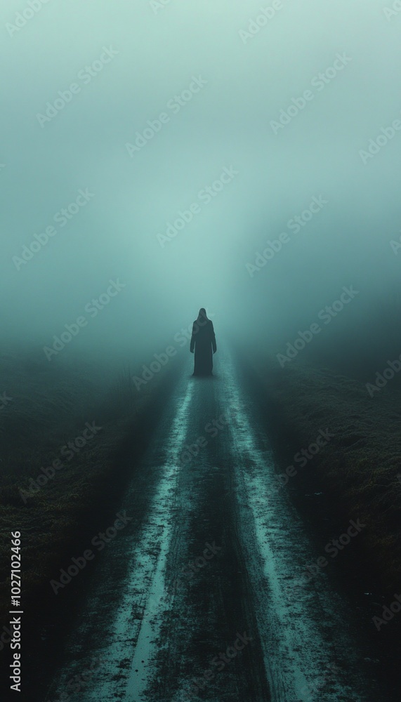 Poster A lone figure walks down a misty road, their path shrouded in mystery.