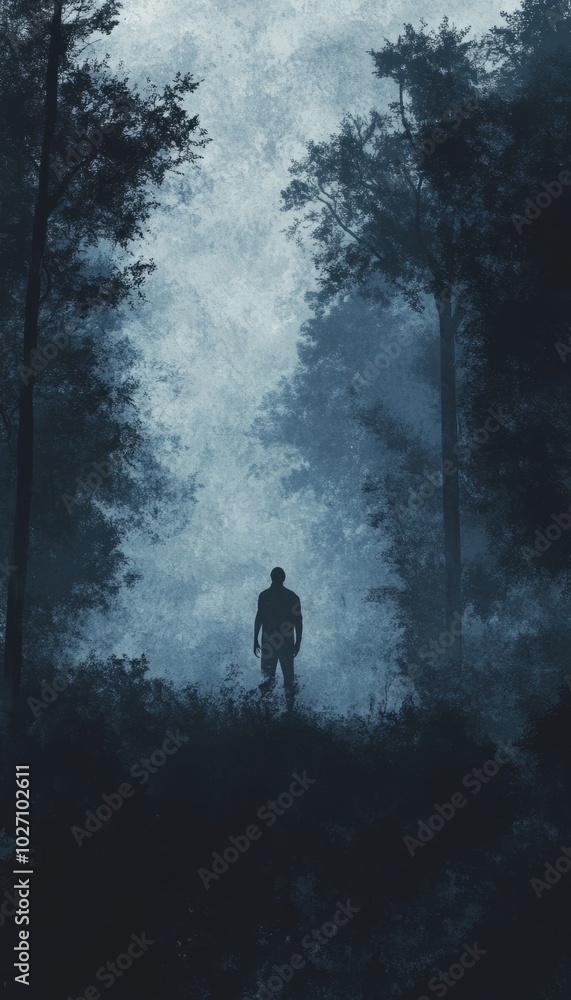 Sticker A lone figure walks through a dense and misty forest.