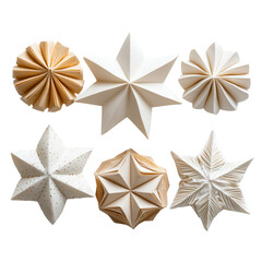 Obraz premium Decorative paper stars in various shapes and colors, showcasing intricate designs and textures. Perfect for festive occasions or home decor