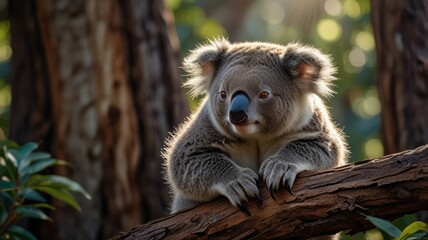 Obraz premium a cuddly koala perched on a tree branch in a sunlit forest. Its soft, gray fur is bathed in warm light, and its large, round eyes gaze out at the world with a sense of curiosity.