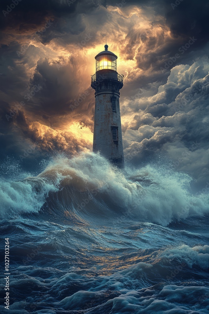 Sticker A lone lighthouse stands tall against a stormy sea, its beacon shining through the dark clouds.