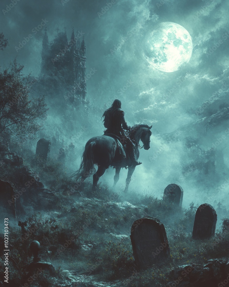 Sticker A lone rider on horseback silhouetted against a full moon in a foggy graveyard with a dark castle in the background.