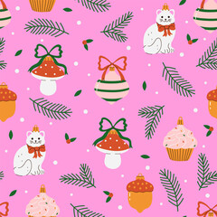 Seamless pattern with Christmas tree toys. Vector graphics.