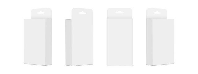 Paper Rectangular Packaging Boxes With Hanging Holes, Front, Side, Back Side View. Vector Illustration