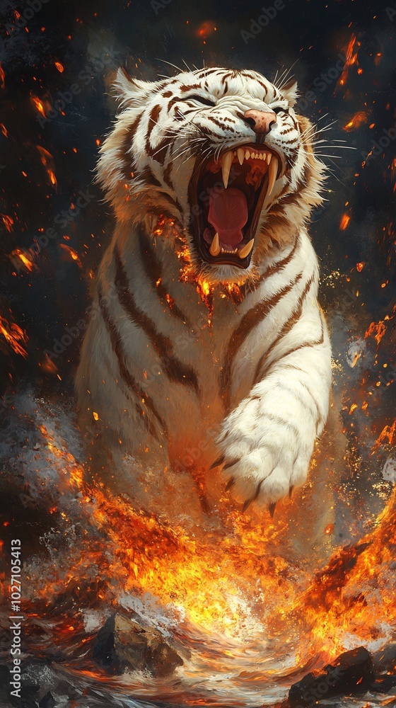 Poster fierce white tiger emerges from a river of lava roaring with its mouth wide open glowing lava flows 