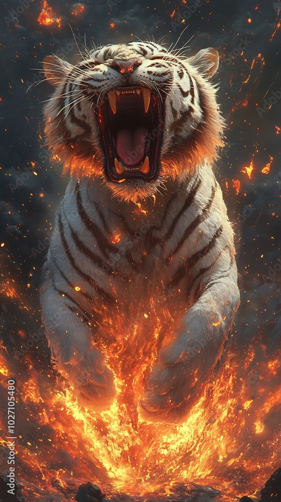 Poster fierce white tiger emerges from a river of lava roaring with its mouth wide open glowing lava flows 