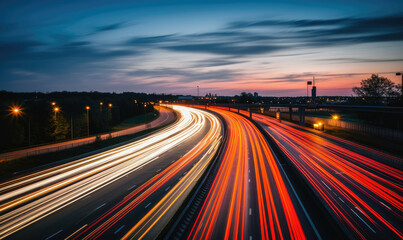 Twilight Bustle on Urban Expressway with Light Trails