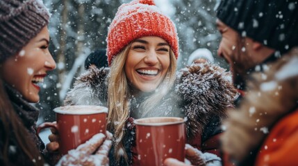 Group of people are smiling and laughing while holding cups of hot chocolate. snowy environment group of friends bundled up, laughing together while holding steaming mugs of hot cocoa in a snowy park