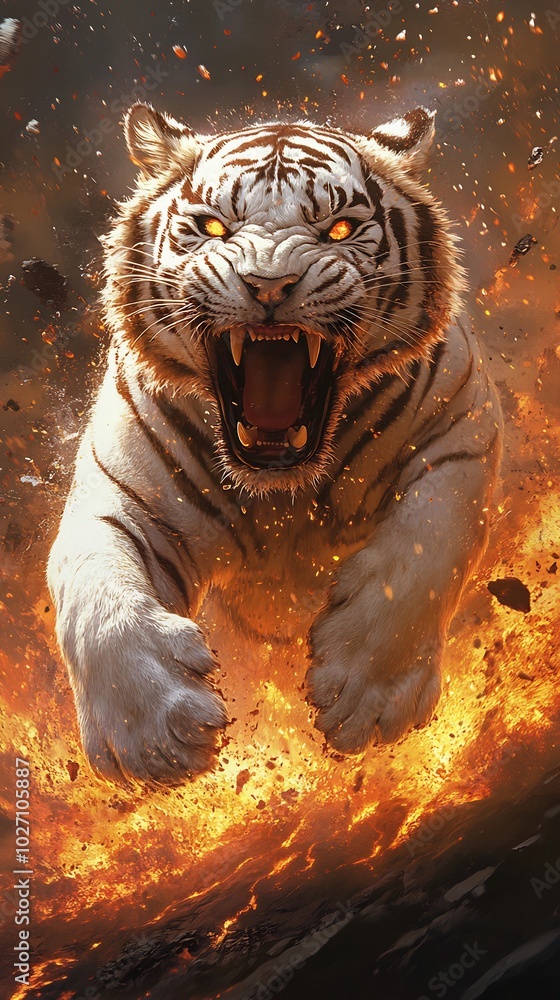 Poster fierce white tiger emerges from a river of lava roaring with its mouth wide open glowing lava flows 